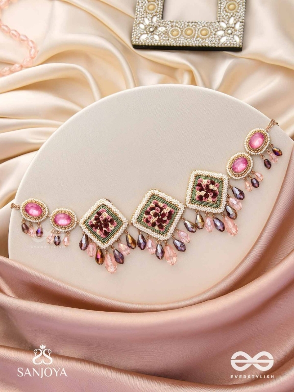 Prapushpit - The Eternal Bloom - Stones, Resham, Beads And Glass Drops Hand Embroidered Neckpiece