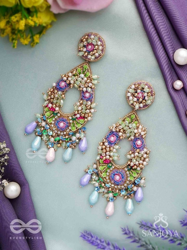 MANJUSUMANA - BEAUTIFUL BLOSSOM - SEQUINS, BEADS AND GLASS DROPS HAND EMBROIDERED EARRINGS