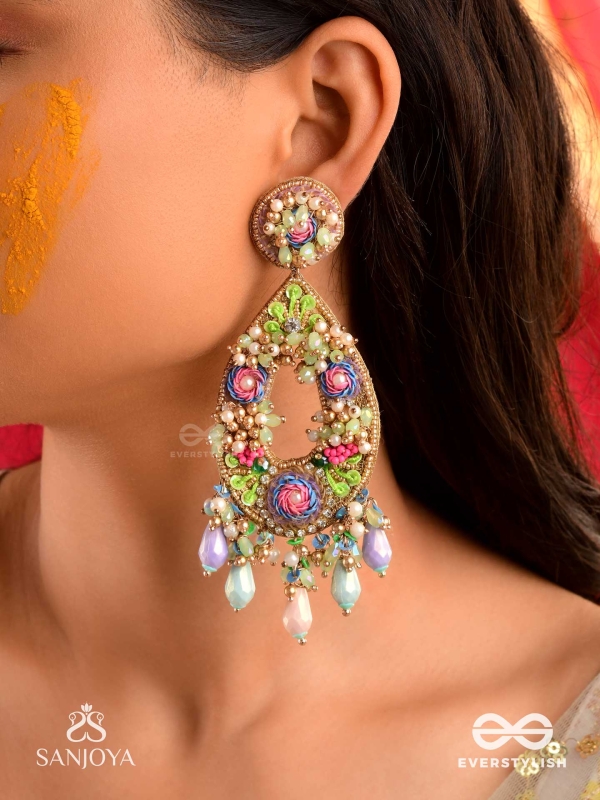 MANJUSUMANA - BEAUTIFUL BLOSSOM - SEQUINS, BEADS AND GLASS DROPS HAND EMBROIDERED EARRINGS