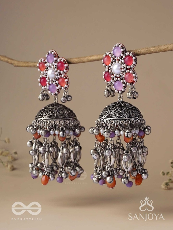 Punyodyan - The Shell Shalimar - Beads, Shells And Glass Drops Hand Embroidered Oxidised Jhumka Earrings