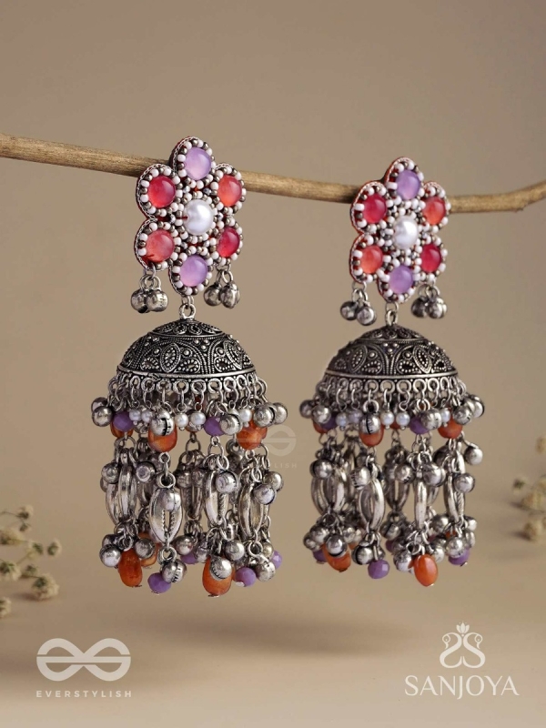 Punyodyan - The Shell Shalimar - Beads, Shells And Glass Drops Hand Embroidered Oxidised Jhumka Earrings