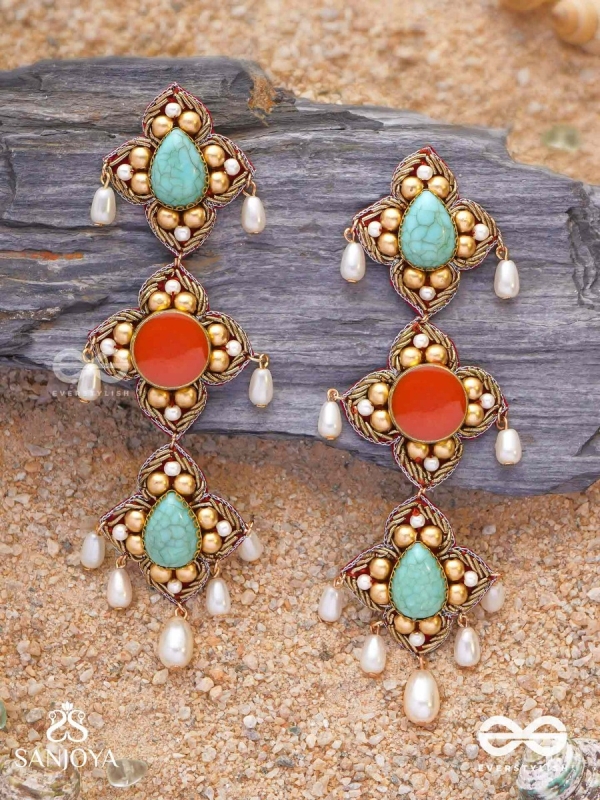 Bhritpushpa - The Floral Cascade - Beads, Dabka And Pearl Drops Hand Embroidered Earrings