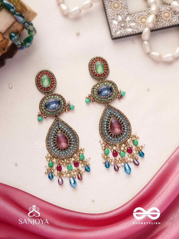 Adhirajani - The Night Stories - Stones, Beads And Glass Drops Hand Embroidered Earrings