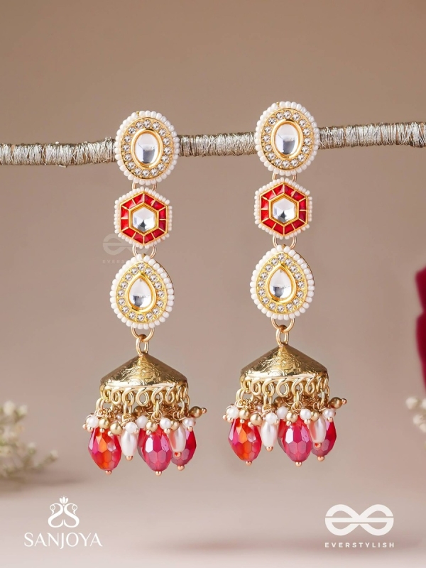 Suvarnmani - The Golden Gem –Golden enamel earrings adorned with gemstones and dangling beads