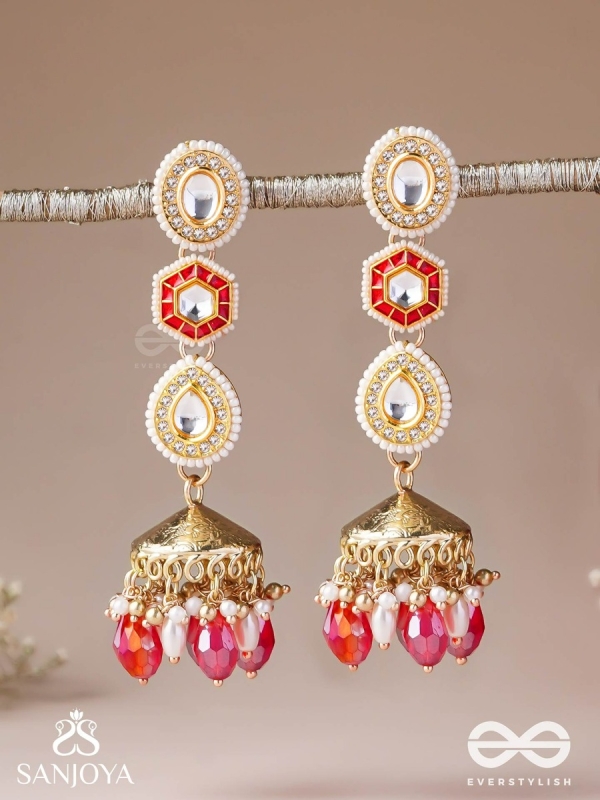 Suvarnmani - The Golden Gem –Golden enamel earrings adorned with gemstones and dangling beads