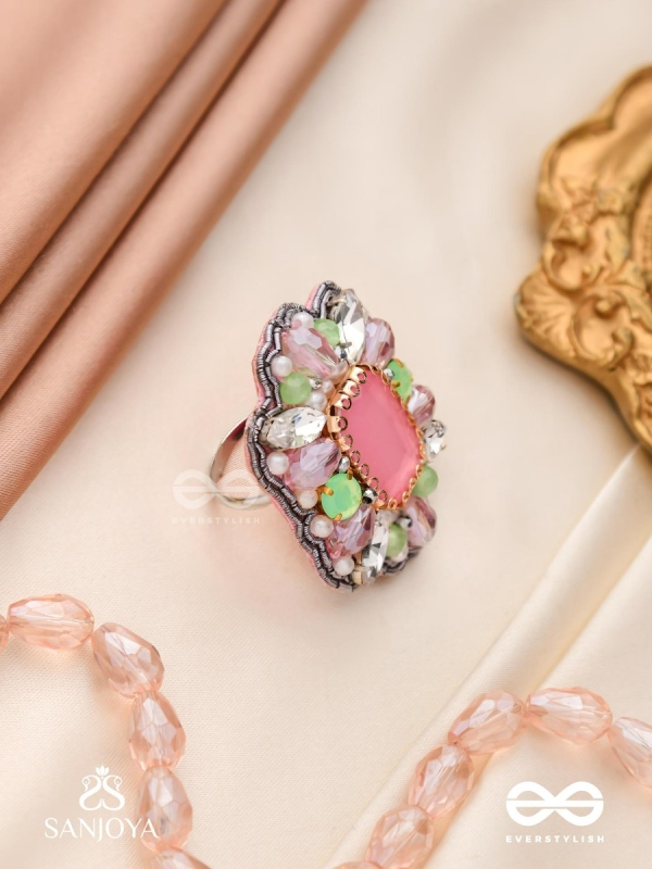 SUKRATMANI –WELL-CRAFTED GEM –HAND EMBROIDERED PINK RING EMBELLISHED WITH STONES AND PEARLS