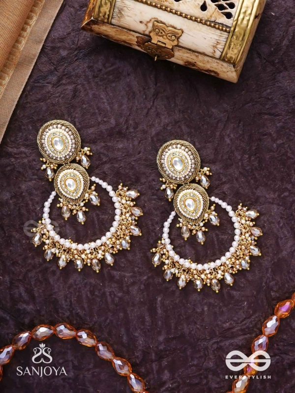 Suvarnkantika – Golden radiance – Gold toned, Kundan embellished earrings with pearl and bead danglers