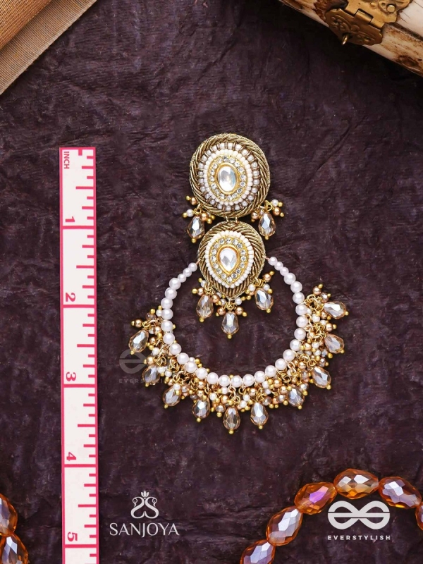 Suvarnkantika – Golden radiance – Gold toned, Kundan embellished earrings with pearl and bead danglers