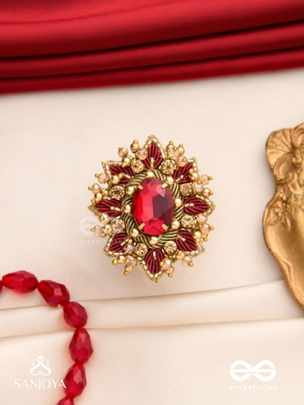 PRABHA - THE RADIANT RED DAISY - EMBROIDERED FLOWER DESIGN WITH CENTRAL RED STONE AND BEADS 