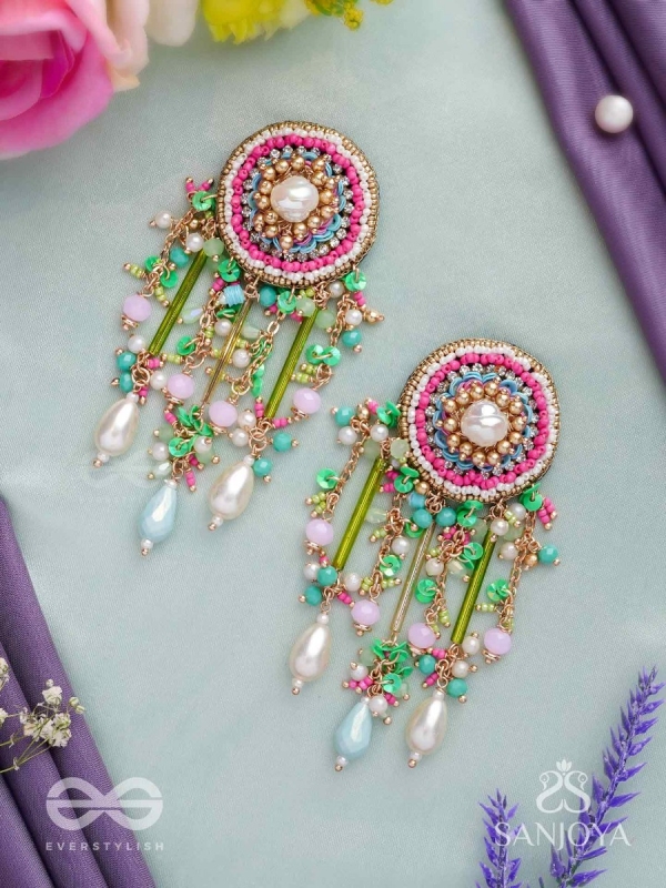 MANJUSUMANA - BEAUTIFUL BLOSSOM - HAND EMBROIDERED COLOURFUL EARRINGS WITH CIRCULAR MOTIF EMBELLISHED WITH BEADS AND DECORATIVE FRINGES