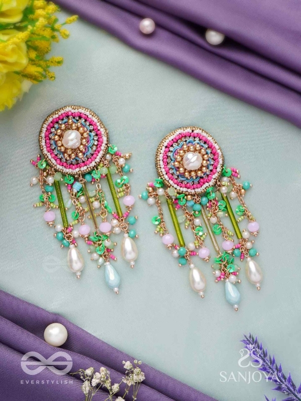 MANJUSUMANA - BEAUTIFUL BLOSSOM - HAND EMBROIDERED COLOURFUL EARRINGS WITH CIRCULAR MOTIF EMBELLISHED WITH BEADS AND DECORATIVE FRINGES