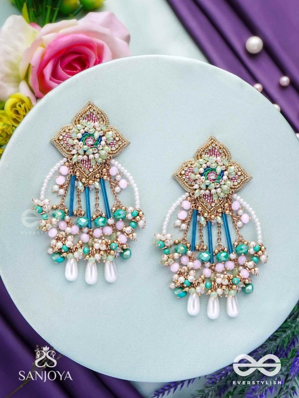 Vasudhara - The flow of colours - Pastel embroidered earrings adorned with beads and pearl danglers
