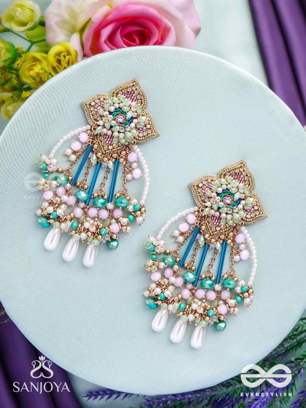 Vasudhara - The flow of colours - Pastel embroidered earrings adorned with beads and pearl danglers