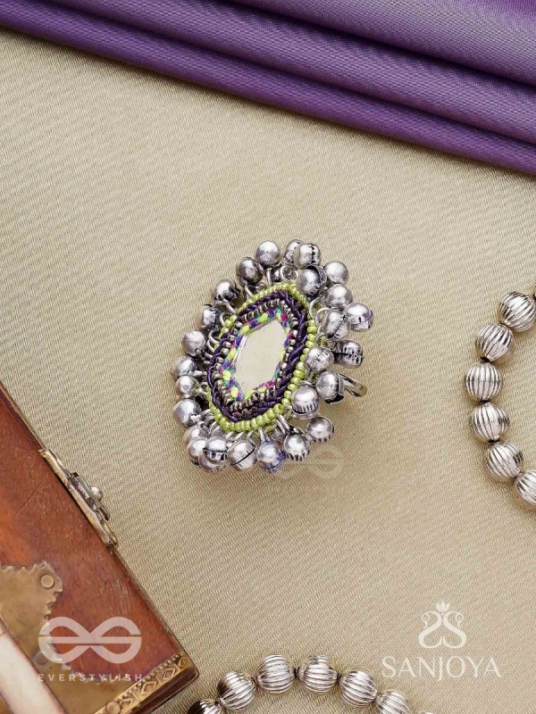 CHANDRA-KANTA-MOONLIT RADIANCE-EMBROIDERED OXIDISED RING WITH BEADS AND GHUNGROO