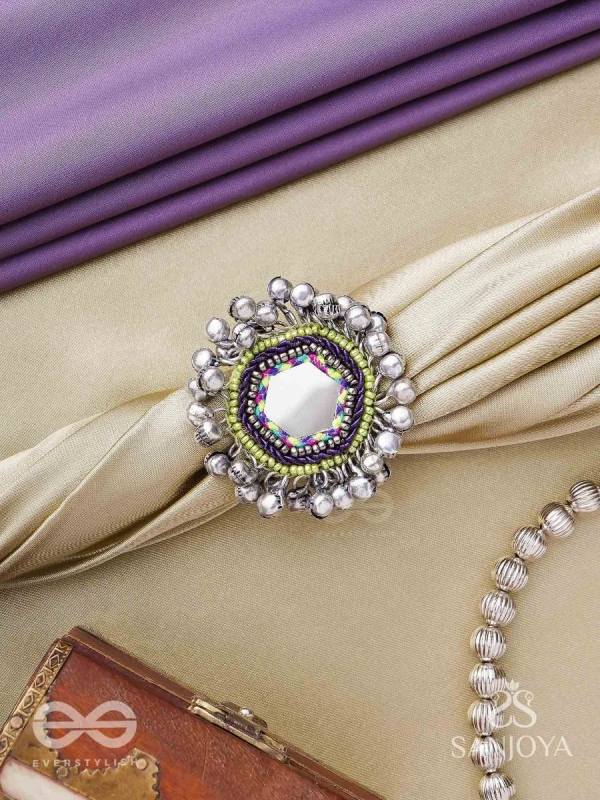 CHANDRA-KANTA-MOONLIT RADIANCE-EMBROIDERED OXIDISED RING WITH BEADS AND GHUNGROO