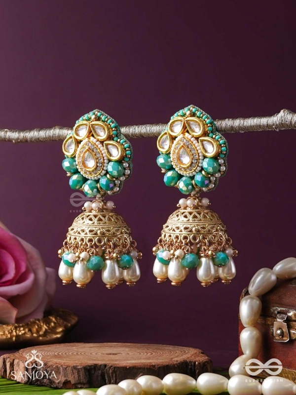 Sphārikā- Crystal Radiance-Jhumka earrings adorned with diamond shaped stones,beads and pearls of golden, white and turquoise accents