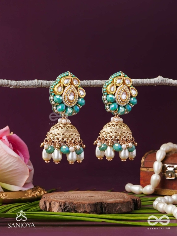 Sphārikā- Crystal Radiance-Jhumka earrings adorned with diamond shaped stones,beads and pearls of golden, white and turquoise accents