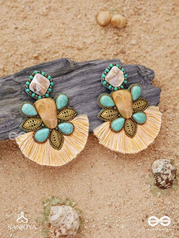 Kāñcīśikha-Tassel Glow Earrings-Blend of gemstones,beads and bohemian macramé fringes for a free-spirited look.