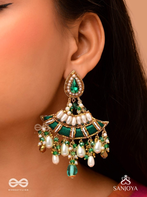 CHANDRAVATA- CRESCENT BRANCH EARRINGS- EMBROIDERED EARRINGS WITH STONES, BEADS, PEARLS AND RESHAM WORK