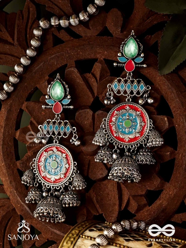  ADITYARATNA-SUN GEM- RADIANT EARRINGS WITH DETAILED METALWORK SET IN PASTEL TONE FEATURING STONE AND JHUMKAS