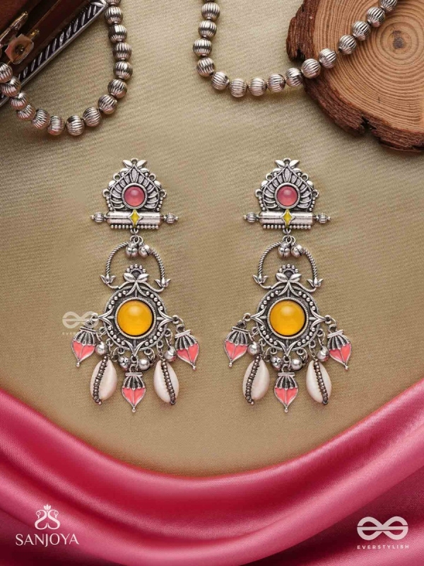  SURYARATNA-SUN GEM-SILVER-TONED EARRINGS ACCENTED WITH DANGLING COWRIE SHELLS AND GHUNGHROO'S