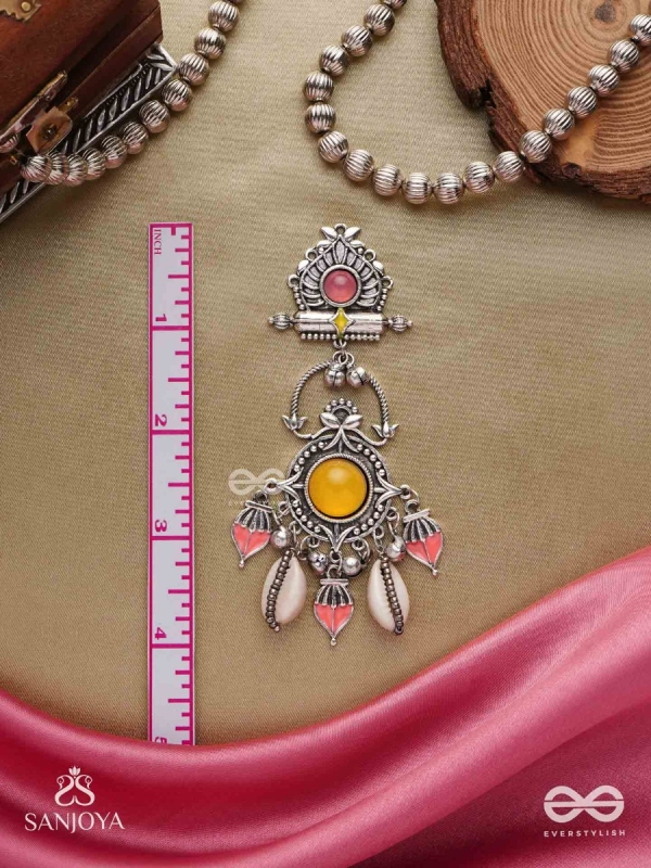  SURYARATNA-SUN GEM-SILVER-TONED EARRINGS ACCENTED WITH DANGLING COWRIE SHELLS AND GHUNGHROO'S
