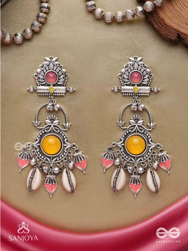  SURYARATNA-SUN GEM-SILVER-TONED EARRINGS ACCENTED WITH DANGLING COWRIE SHELLS AND GHUNGHROO'S