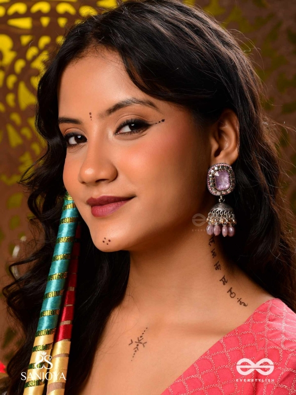  AMRITAMANJARI-NECTAR CLUSTER- EMBROIDERED LAVENDAR JHUMKA EARRINGS ADORNED WITH STONES AND BEADS