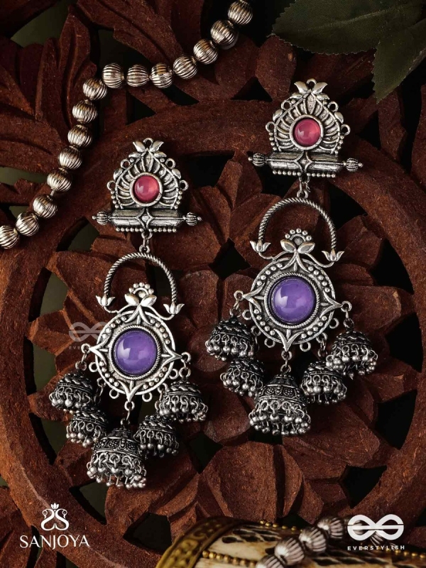  NEELADHARA-BLUE STREAM-OXIDIZED EARRINGS COMPLEMENTED BY STONES, BEADS AND DANGLING JHUMKAS