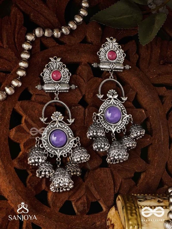  NEELADHARA-BLUE STREAM-OXIDIZED EARRINGS COMPLEMENTED BY STONES, BEADS AND DANGLING JHUMKAS
