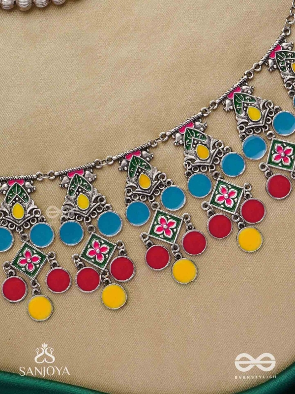 Manjari- Blossom Chain-Slender metallic chain with cascade of enamel designs.