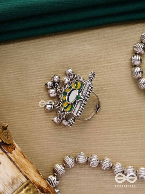 Moss Canopy-  Enamelled Oxidized Adjustable ring  with ghungroos and mirror.