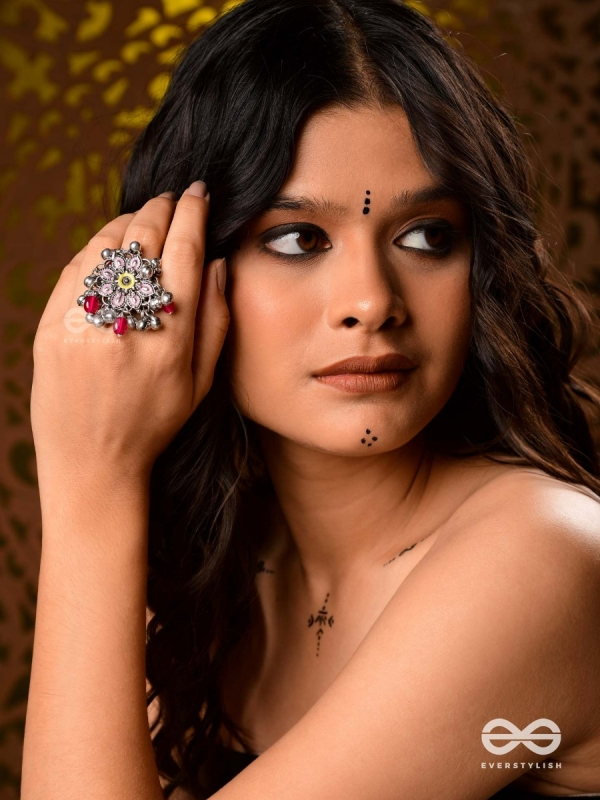 Autumn Leaf Ring-  Enamelled Adjustable Oxidized Beaded Ring