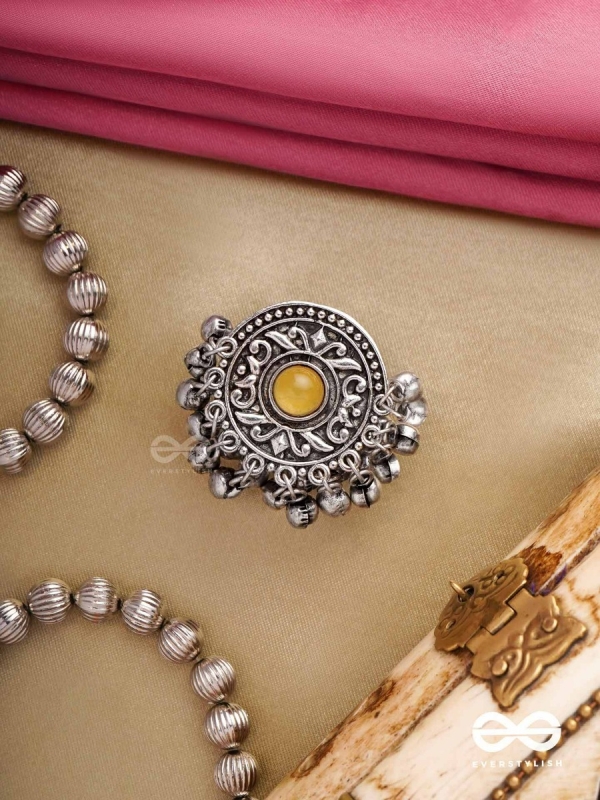 Pitamani-Yellow jewel- oxidized adjustable ring in golden hues with Ghunghroo's.