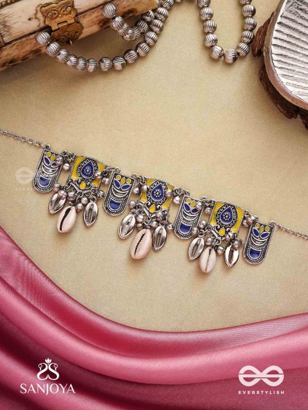 Shankhariti-Conch Elegance- Enamelled Choker neckpiece with pastel motifs with cowrie shells and ghunghroo