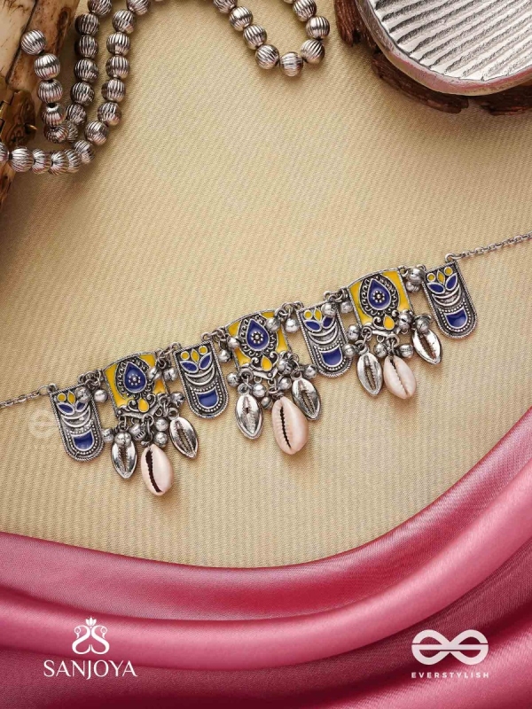 Shankhariti-Conch Elegance- Enamelled Choker neckpiece with pastel motifs with cowrie shells and ghunghroo