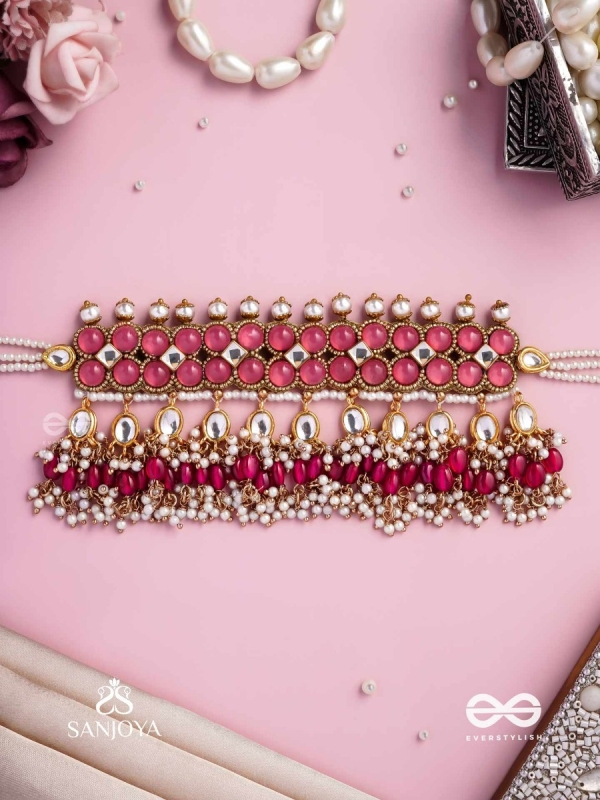 GULABI DHARA – SUHANA KHAN INSPIRED NECKPIECE FEATURING KUNDAN, RED GEMSTONES AND PEARLS