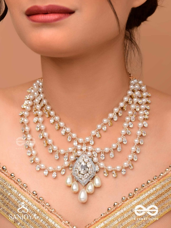 SHWETAPUSHPA– SHLOKA AMBANI INSPIRED NECKPIECE WITH SILVER ACCENTS, CZ STONES AND PEARLS