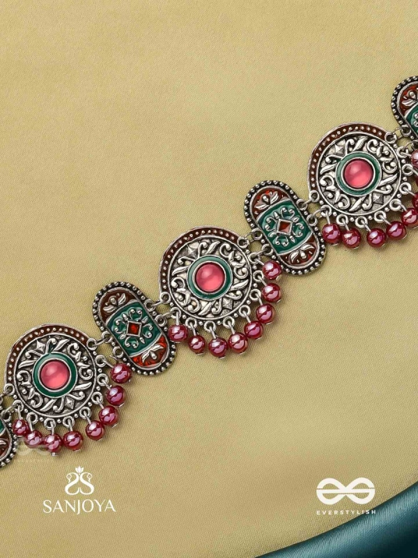 RAKTASHREE– RED ELEGANCE : OXIDIZED CHOKER WITH INTRICATE WORK AND BOLD RED ACCENTS, PERFECT FOR A TRADITIONAL LOOK