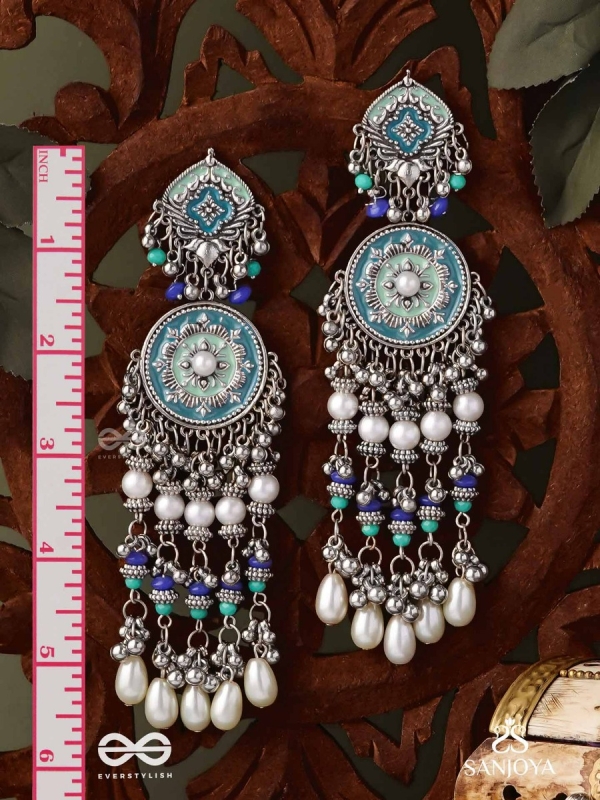 NEELKAMALA – BLUE LOTUS OXIDIZED EARRINGS WITH BLUE BEADS AND INTRICATE WORK, ADORNED WITH PEARLS & GHUNGROO'S