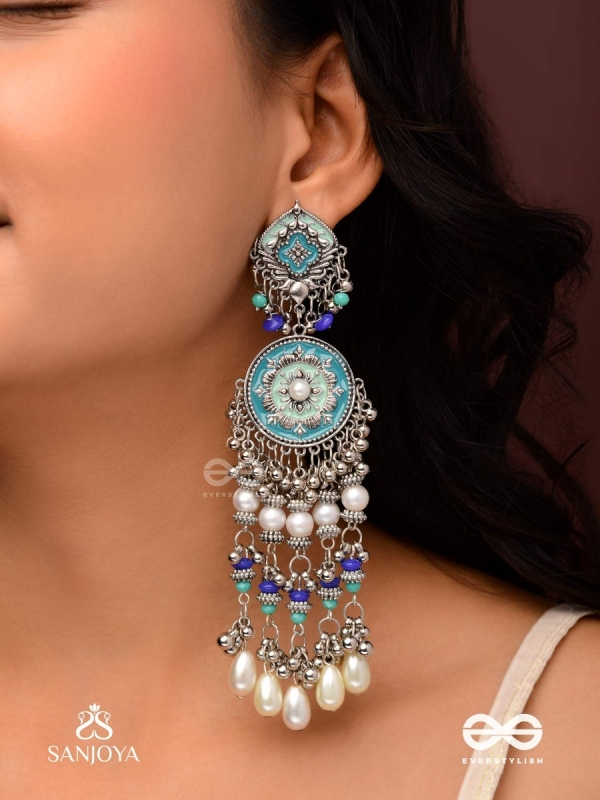 NEELKAMALA – BLUE LOTUS OXIDIZED EARRINGS WITH BLUE BEADS AND INTRICATE WORK, ADORNED WITH PEARLS & GHUNGROO'S