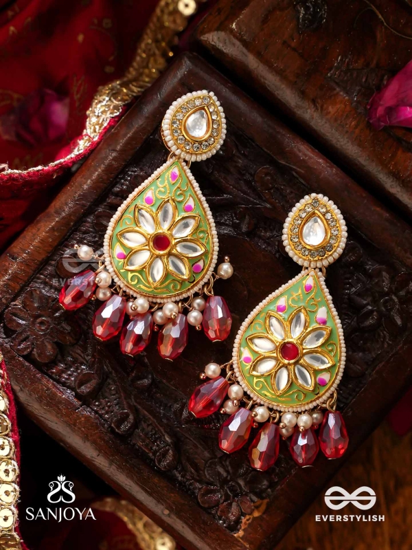 ARUNODAYA - DAWN'S BEAUTY - STONES, GLASS DROPS AND PEARLS KUNDAN HAND EMBROIDERED EARRINGS 