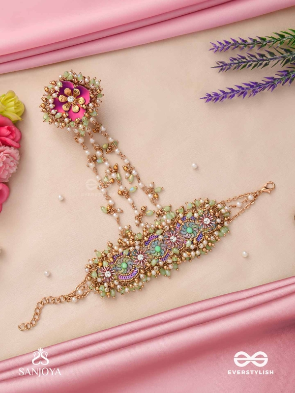 RANGOLIKA - A CANVAS OF COLORS - PEARLS, COLORFUL BEADS AND GOLDEN  HAND EMBROIDERD HATHPHOOL 