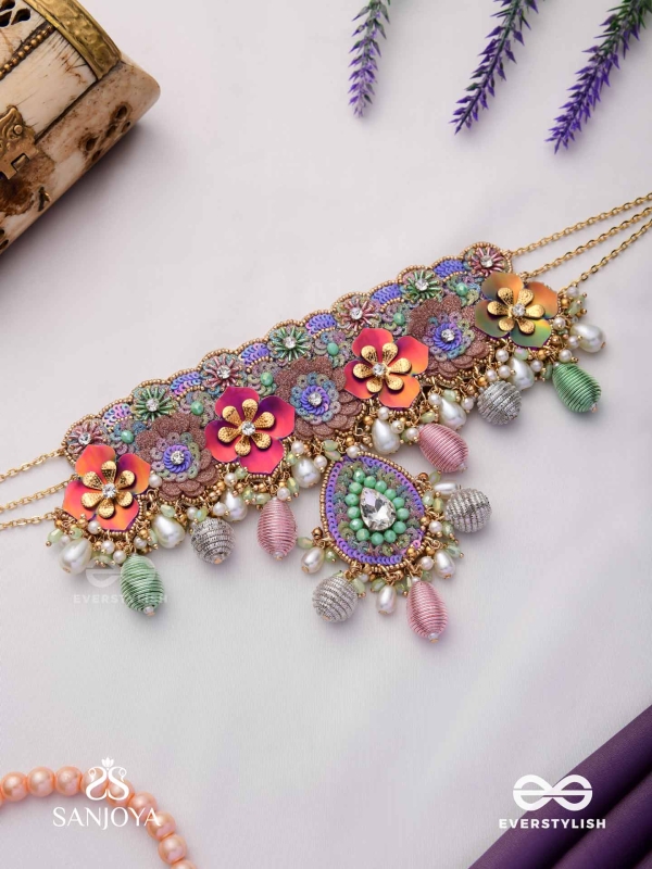 RANGOLIKA - A CANVAS OF COLORS - ENAMEL FLORALS, PEARLS AND BEADS HAND EMBROIDERD CHOKER NECKLACE