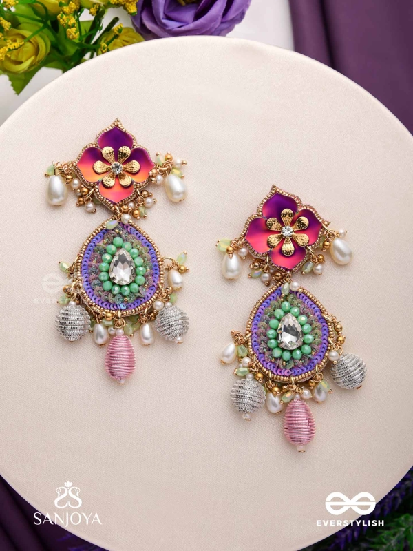 RANGOLIKA - A CANVAS OF COLORS - ENAMEL FLOWERS, BEADS AND PEARLS  HAND EMBROIDERD EARRINGS 