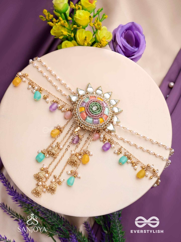 RANGVATI - FULL OF COLORS - EMBROIDERED MIRROR WORK HAIR ACCESSORY WITH MULTI-COLORED BEADS AND GOLDEN CHAINS