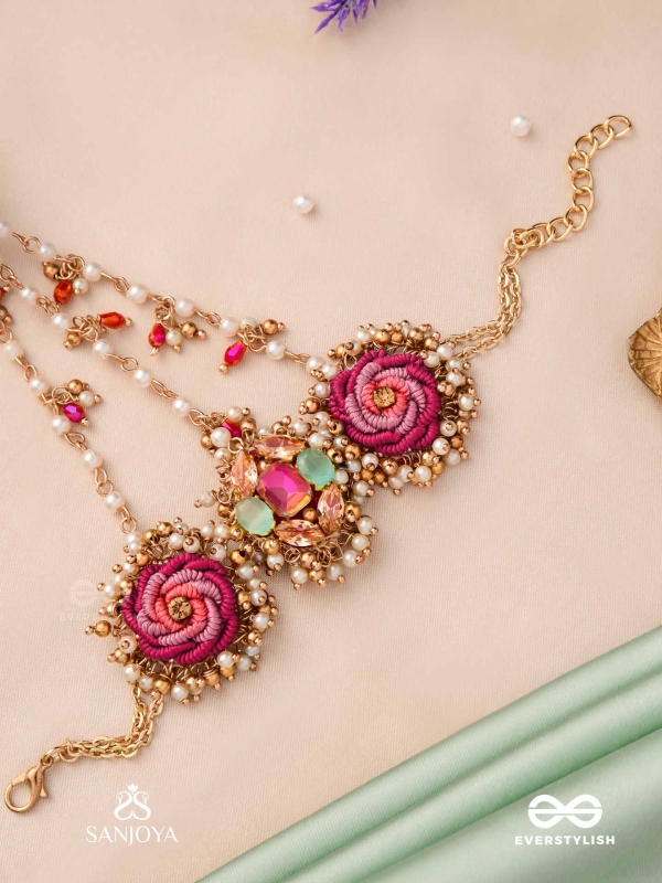 GULRATNA - JEWEL OF ROSES - HANDCRAFTED ROSE HAATHPHOOL WITH BEADED FRINGES, PEARLS AND GEM DETAILS