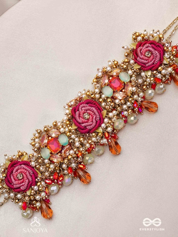 GULRATNA - JEWEL OF ROSES - HANDCRAFTED ROSE CHOKER WITH BEADED FRINGES, PEARLS AND GEM DETAILS