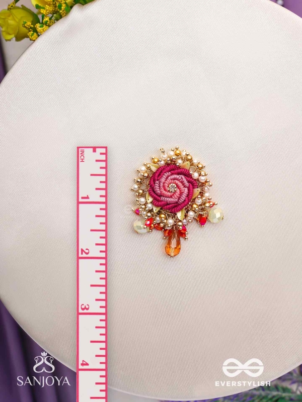 GULRATNA - JEWEL OF ROSES - HANDCRAFTED ROSE EARRINGS WITH BEADED FRINGES, PEARLS AND GEM DETAILS