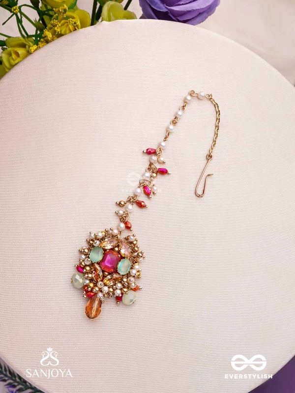 GULRATNA - JEWEL OF ROSES - HANDCRAFTED ROSE MAANGTIKA WITH BEADED FRINGES, PEARLS AND GEM DETAILS